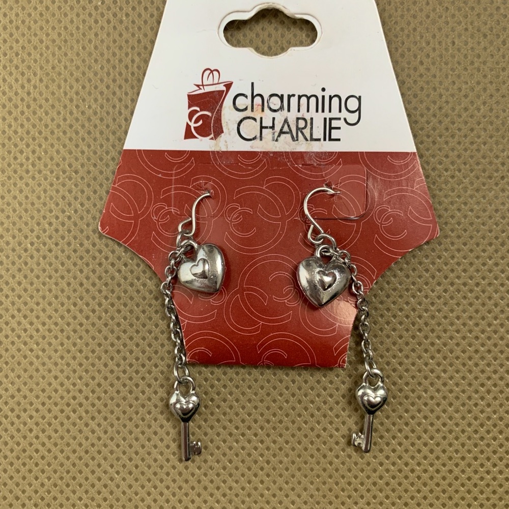 Charming Charlie silver heart key dangle earrings